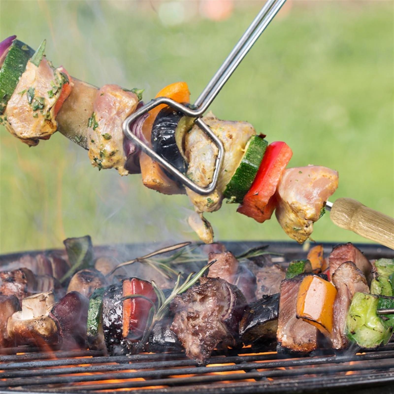 SePkus Schaschlikspieße, 10 Stück, kompatibel mit Grill, wiederverwendbarer Grill, Edelstahlspieße mit Holzgriff, Schaschlik, Grill, Camping-Gadgets, Küchenutensilien