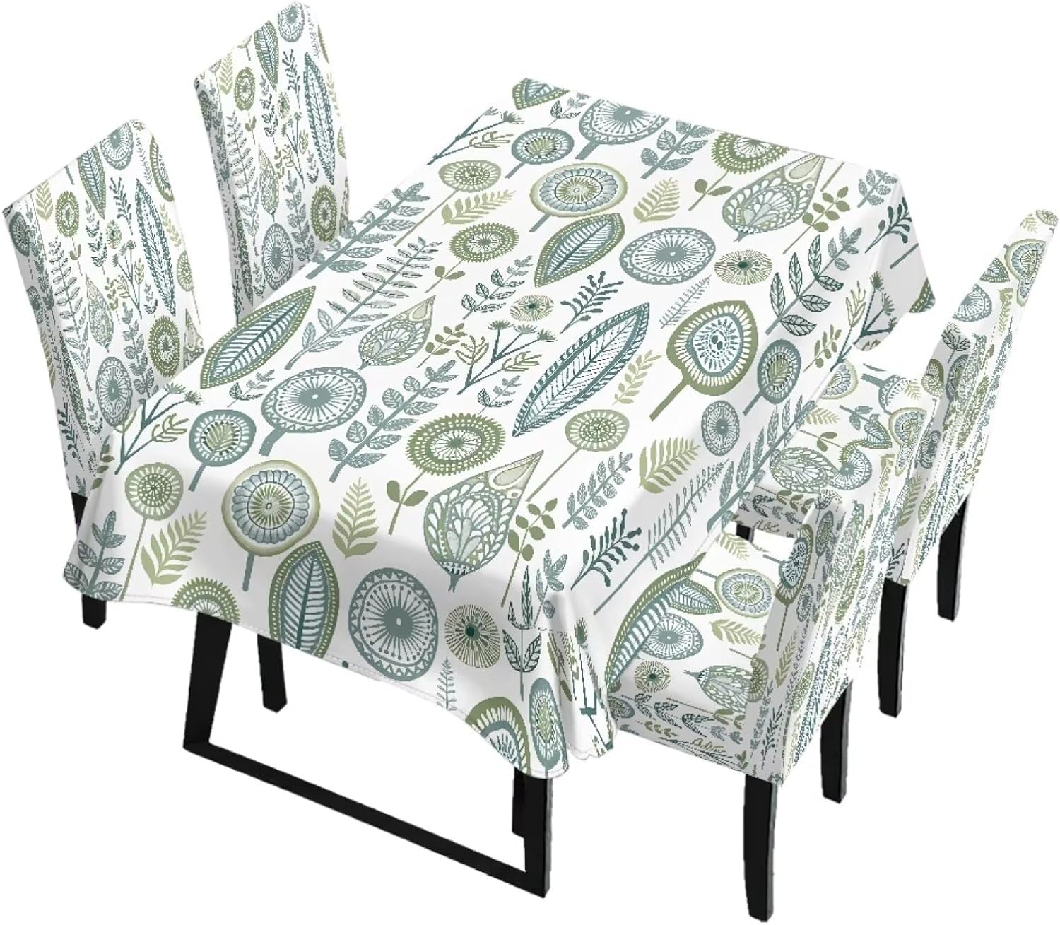 Dining Chair Slipcovers and Table Cover Set of 5 Pieces, Machine Washable Kitchen Chair Covers Rectangle Table Cloth, Removable Home Decoration, Leaf Print Green
