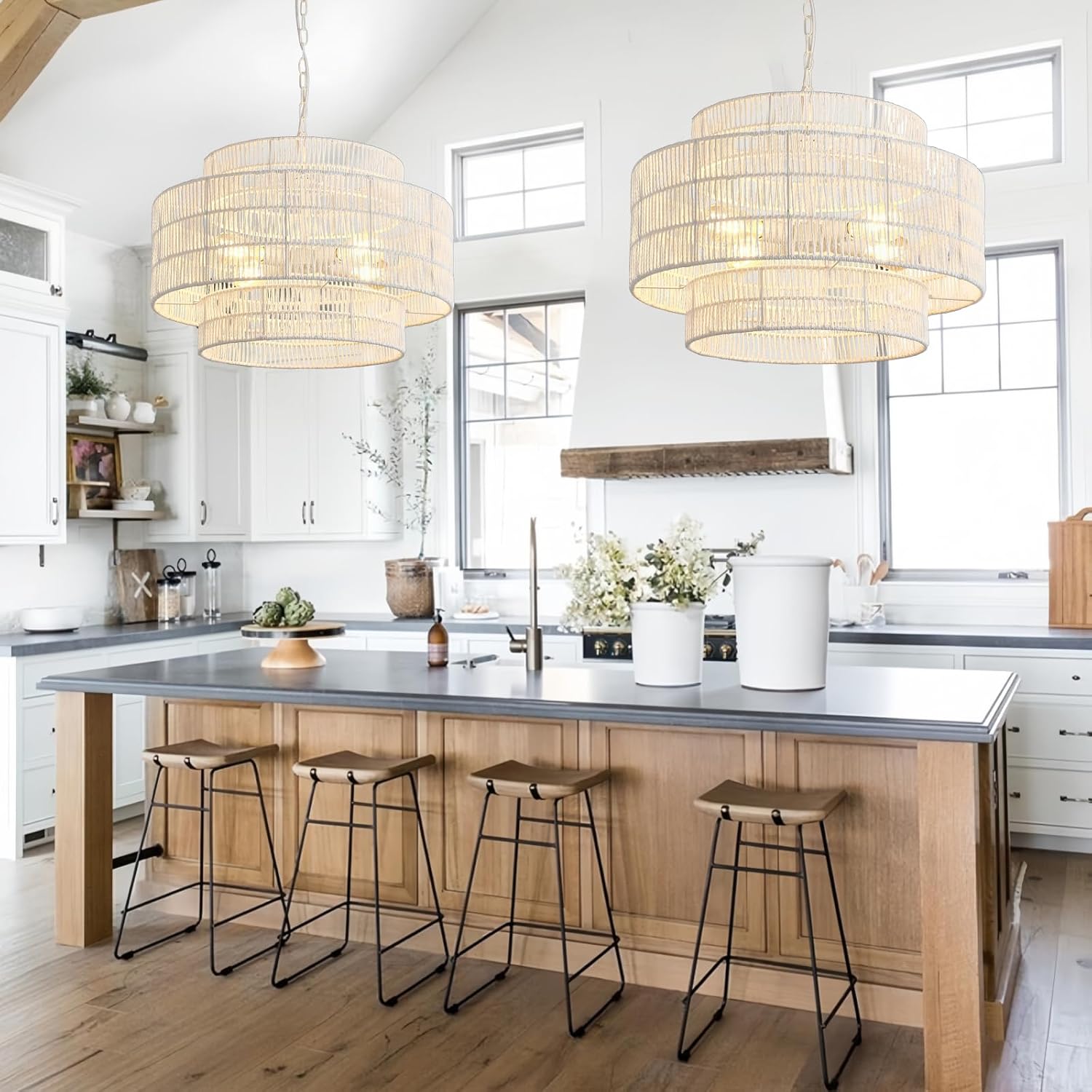 3-Tier Large White Rattan Chandeliers, 23.6in Boho Coastal Pendant Lights, Woven Hemp Rope Lighting Fixture, Wicker Hanging Ceiling Light for Living Room, Dining Room, Bedroom, Kitchen Island