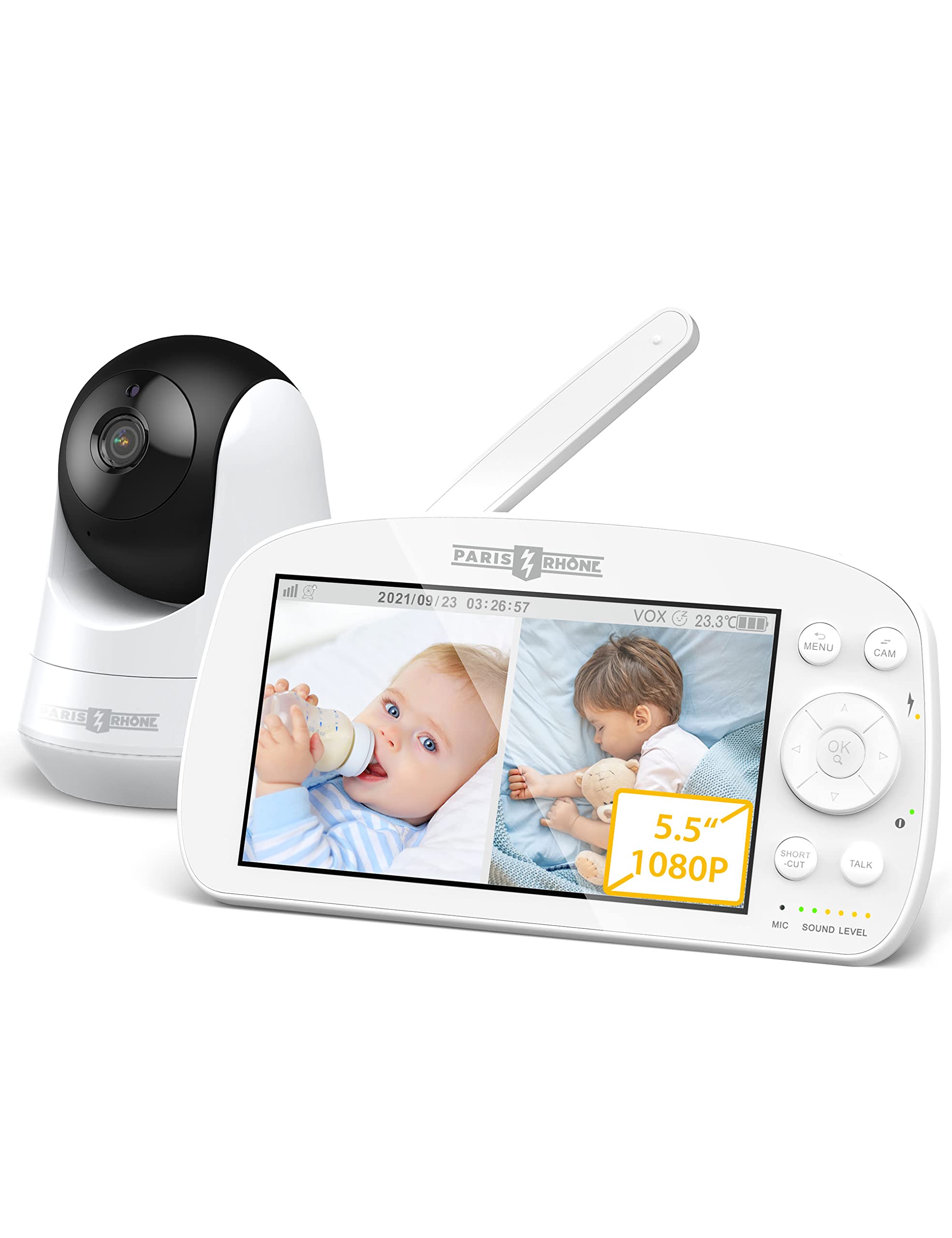 5.5" 1080P HD Split-Screen Baby Monitor, PARIS RHÔNE Video Baby Monitor with Camera and Audio, HD Cameras with Remote PTZ, HD Night Vision, 1000ft Range, Two-Way Talk, Pan Tilt Zoom, 5000mAh Battery