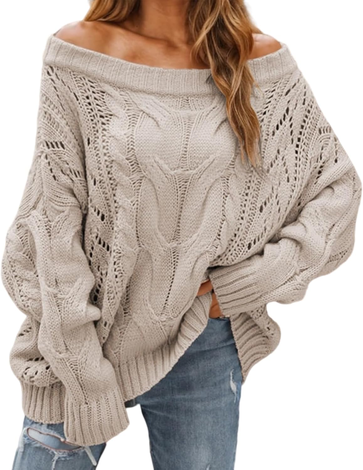 Women’s Off The Shoulder Oversized Sweaters Cable Knit Pullover Tops Long Sleeve Loose Slouchy Cute Sweaters