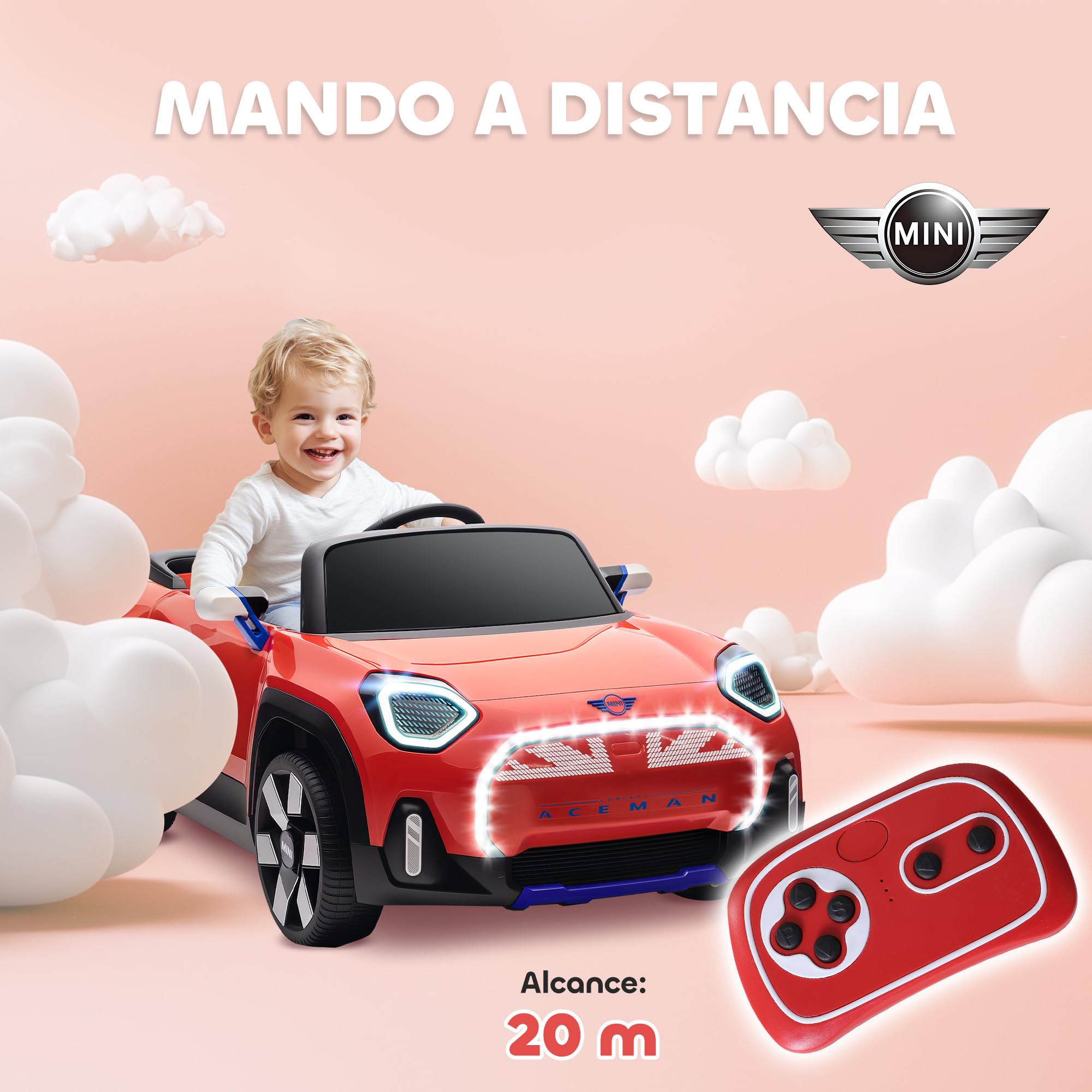 AIYAPLAY Coche Eléctrico 12V para Niños +3 Años, Mini Aceman, Bluetooth, Mando 2,4G, Motor Doble, Rojo