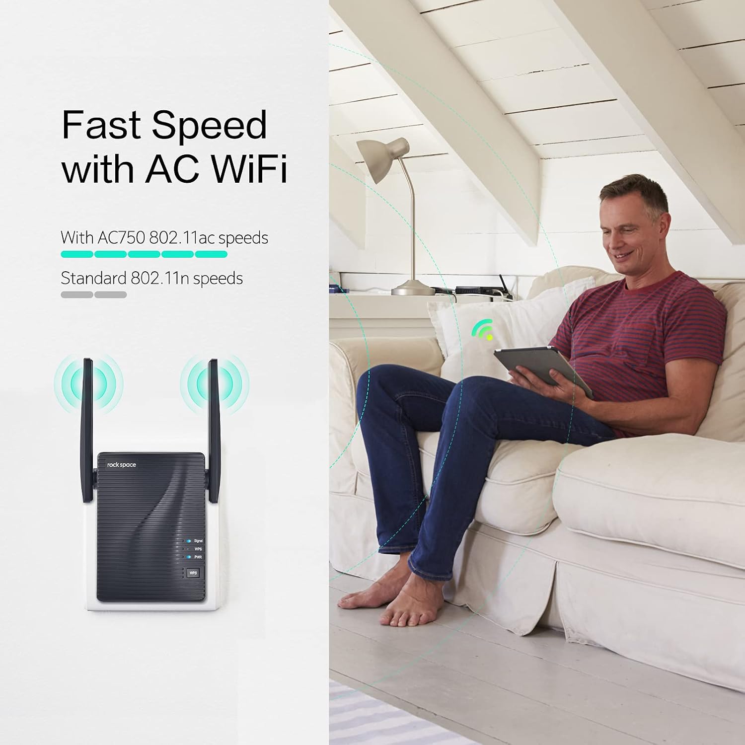 Ġenb view of the rockspace AC750 WiFi Range Extender, highlighting its compact design.