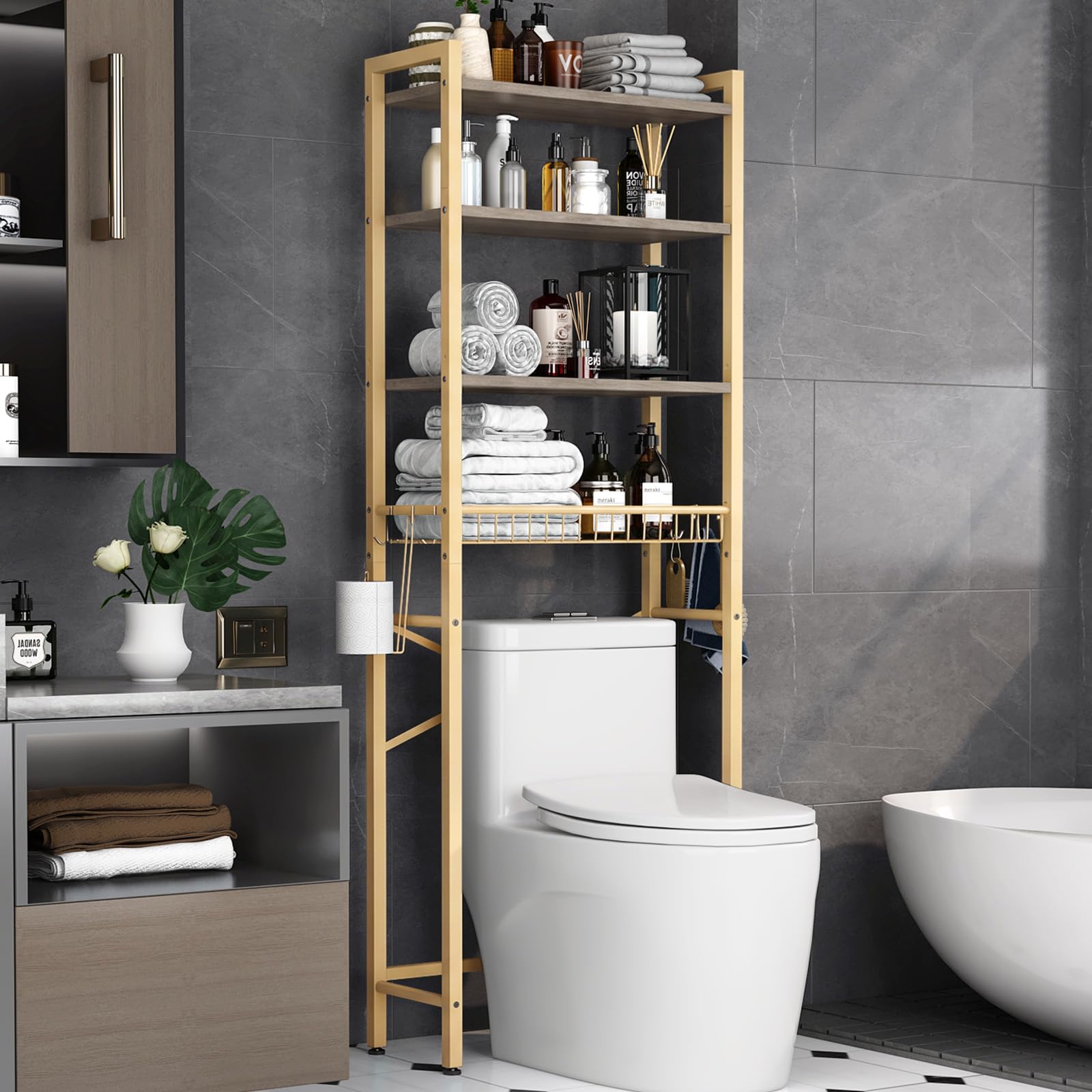 Kalrin Over-The-Toilet Storage Rack, 4-Tier Bathroom Organizer Shelf Over Toilet with Adjustable Shelf and Basket, Freestanding Space Saver Bathroom Shelves Above Toilet for Room (MetalWood-Gray)