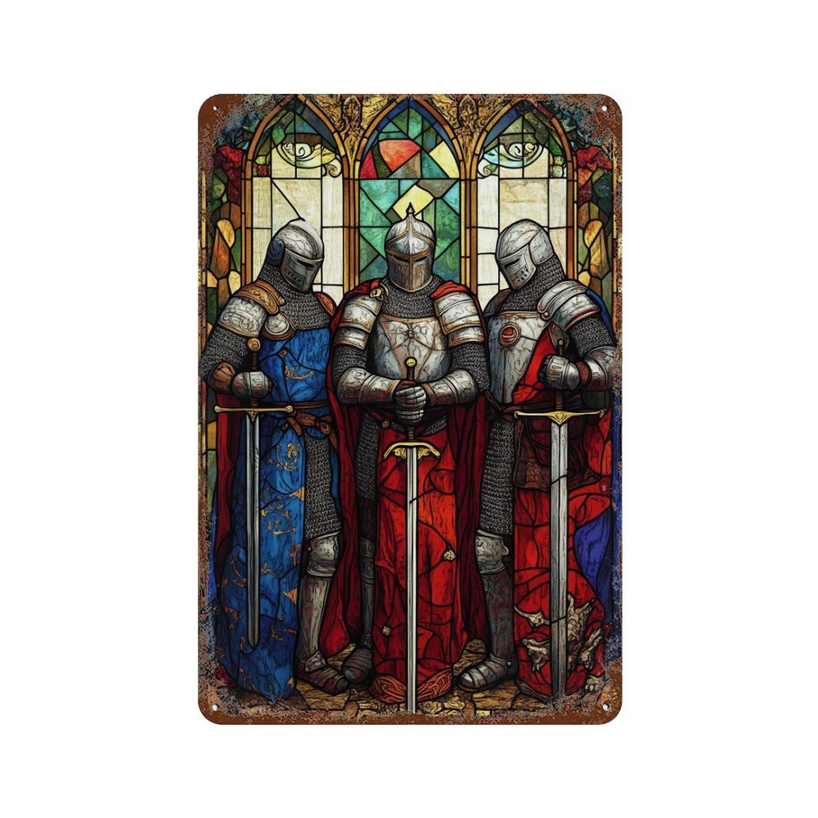 Stained Glass Knights Retro Metal Sign 11.8"x7.9", Decorative Metal Wall Art for Basement, Hobby Room And Garage Decor