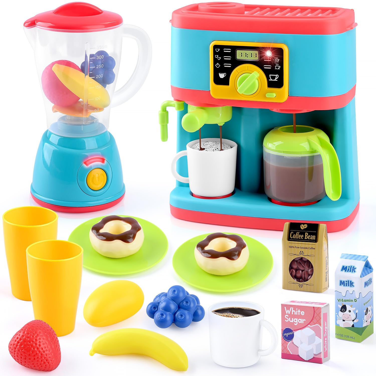 PLAY Accessoire Cuisine Enfant, Set de Ustensile Cuisine Enfant avec Cafetière, Mixer, Jouets Alimentaires, Eclairage et Son Réalistes, Kit Cuisine pour Enfant 3+ Ans