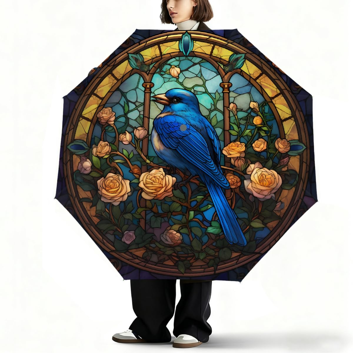 Ombrello pieghevole in vetro colorato con uccello e fiore, ombrello da viaggio, compatto, antivento, impermeabile, con protezione UV, rivestimento nero, leggero, 8 costine, portatile, per