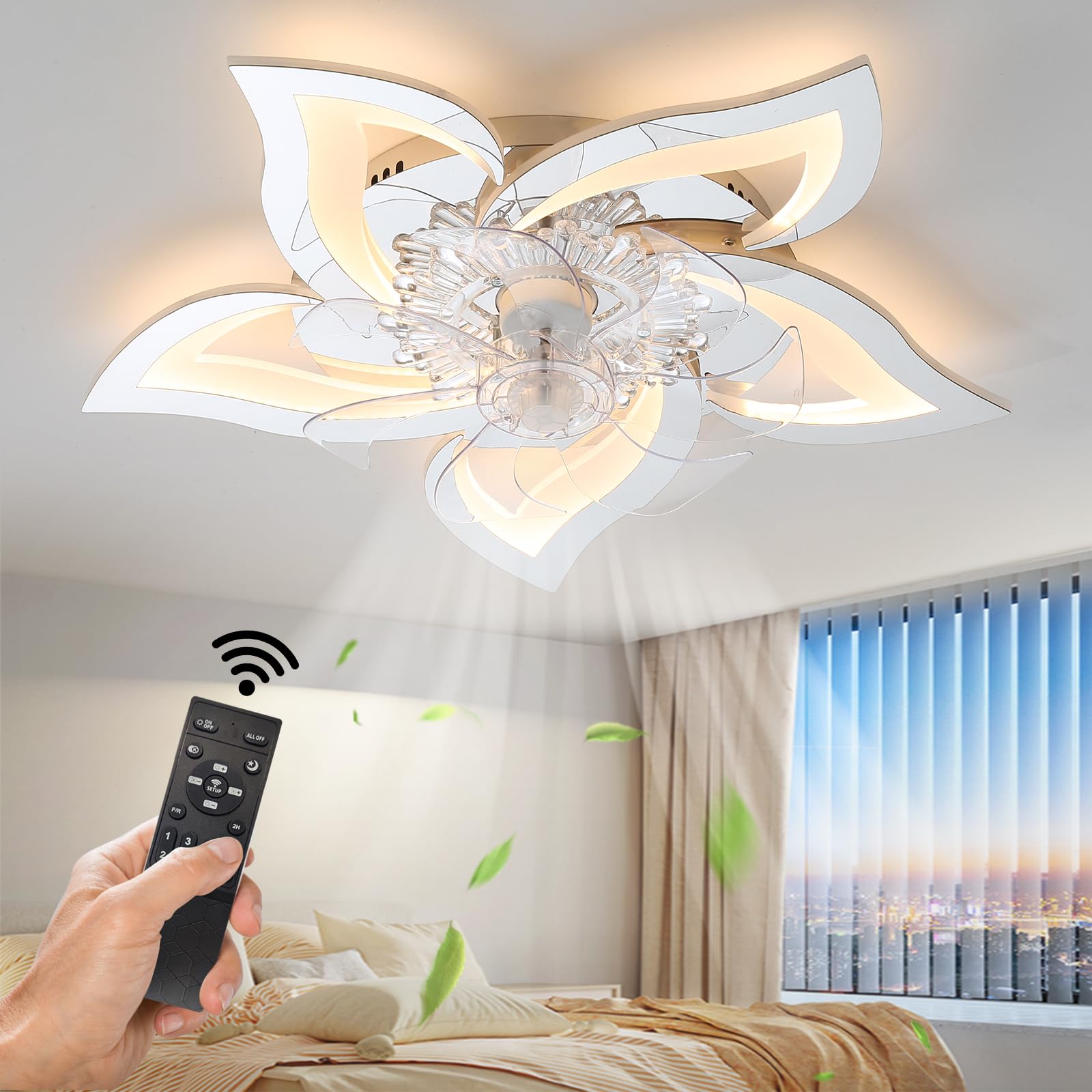 Low Profile Ceiling Fan with Lights,Modern Dimmable Flower Shape Ceiling Light Fan with Remote Control/app Control,Timing 6 Gear Speeds Fan Ceiling Lamp.