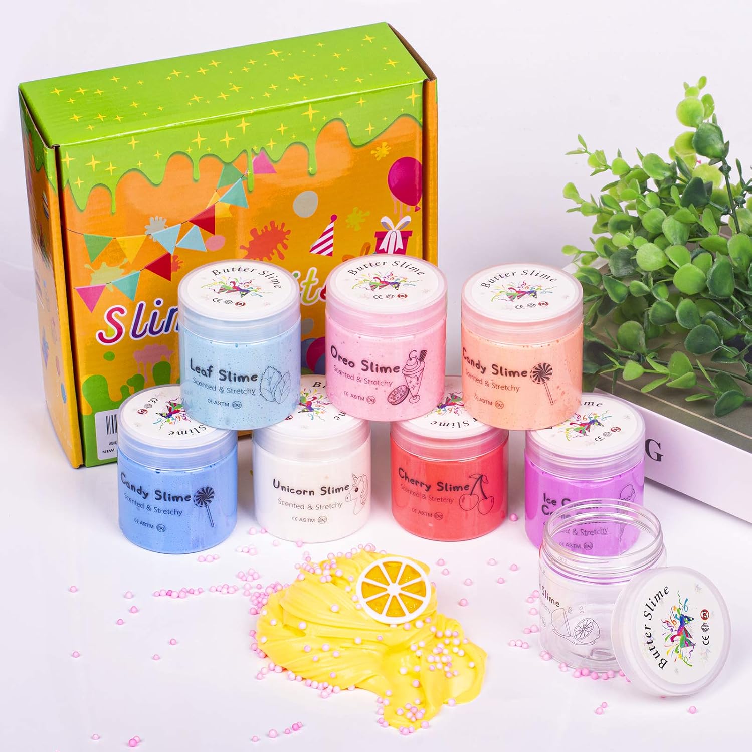 8 Pack Slime Kit for Boys and Girls,Soft and Non-Stick，Surprise Butter Slime Stress Relief Sludge DIY Toys for Kids,Include Unicorn Slime Ice Cream Slime Candy Slime and More Charms Foam Ball