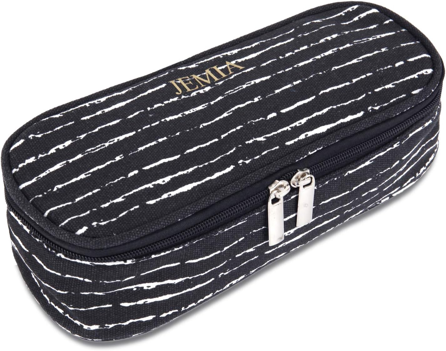 JEMIA - Black White Canvas Pencil Case with Dual Zipper, Mesh Pockets Within The Compartment to Hold Office Cosmetic Makeup Supply Accessories in Organized for Men, Women, Adult