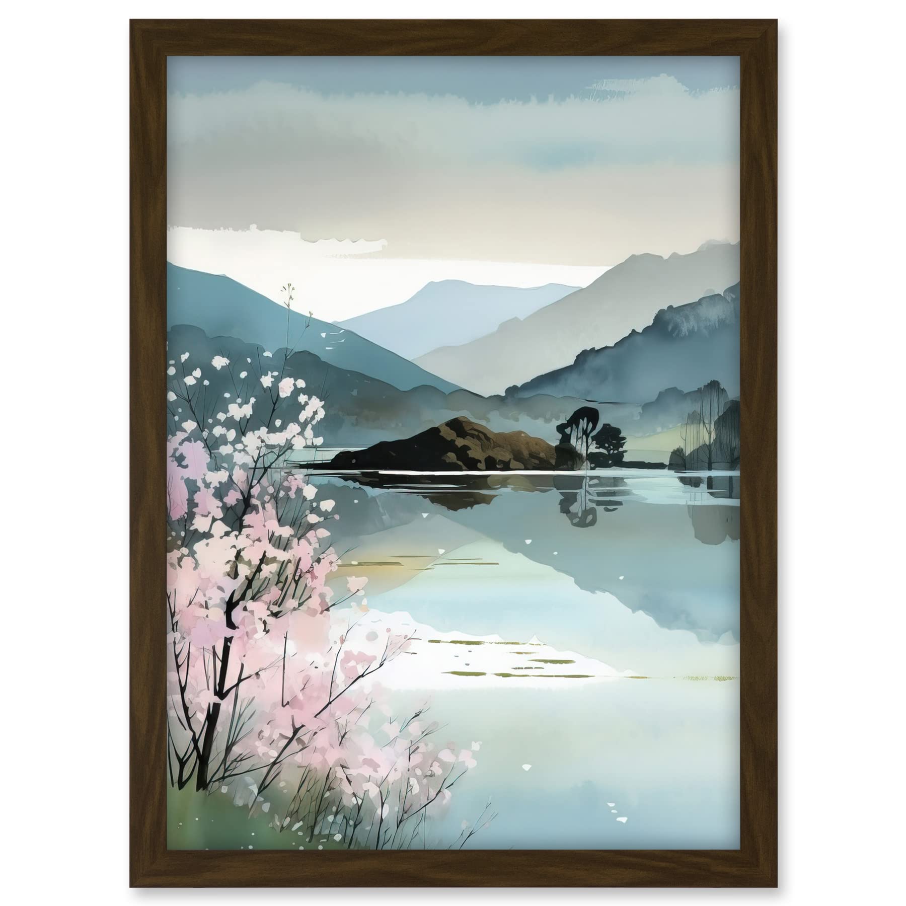 Artery8 Lakeside Landscape with Cherry Blossom Tree Modern Watercolour Painting Artwork Framed A3 Wall Art Print