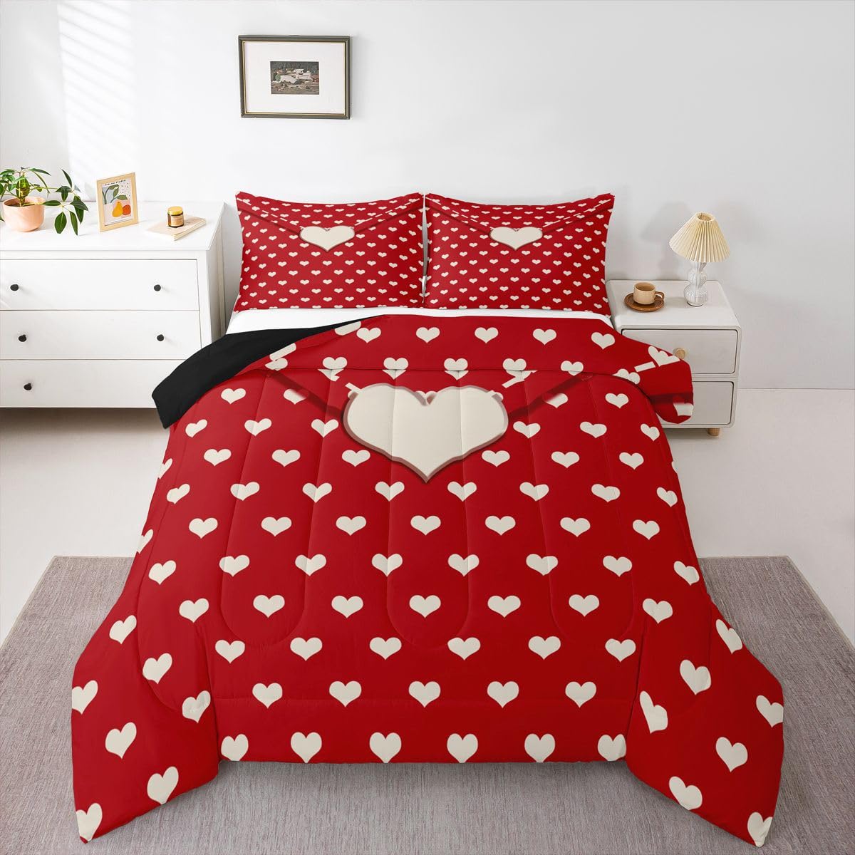 Castle Fairy Red White Full Size Comforter Set,Cute Heart Pattern Valentine's Day Reversible Bedding Set Bedroom Collection,Cartoon Love Letter Geometric Soft Quilted Duvet for Girls Teens