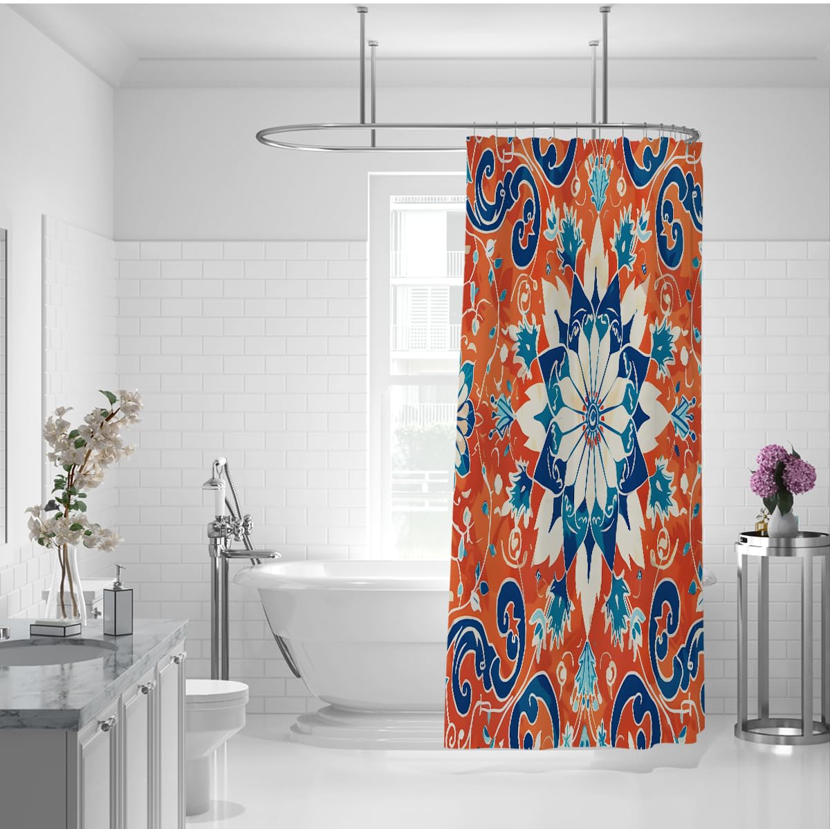Rideau Douche Floral Tribal Exotique Orange Brule 200 x 220 cm