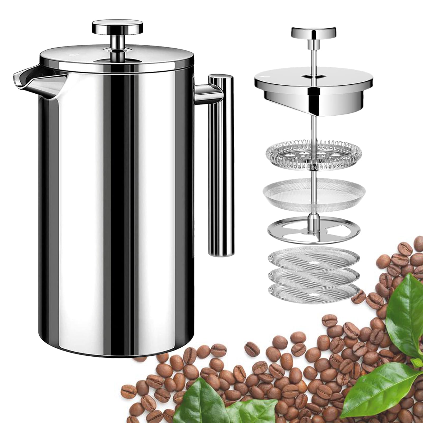 WORBIC Small French Press Coffee Maker 1 Cup - 12oz/350ml Stainless Steel Double Wall Insulated with 3 Extra Screens + 1 Spoon