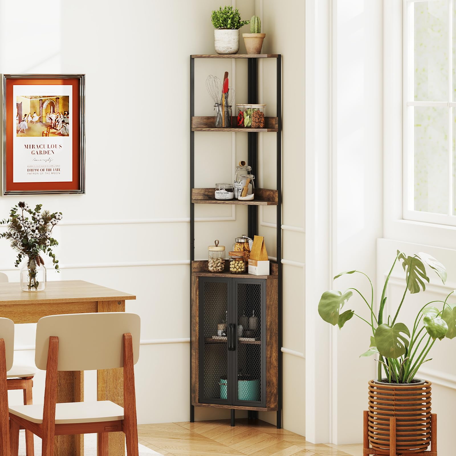 HOMASIS Étagère d'angle 170 cm avec 4 Niveaux et Armoire, en Bois, Étagère de Rangement, Bibliothèque, pour Salon, Bureau, Chambre à Coucher (Marron + Noir, 32 x 32 x 170 cm)