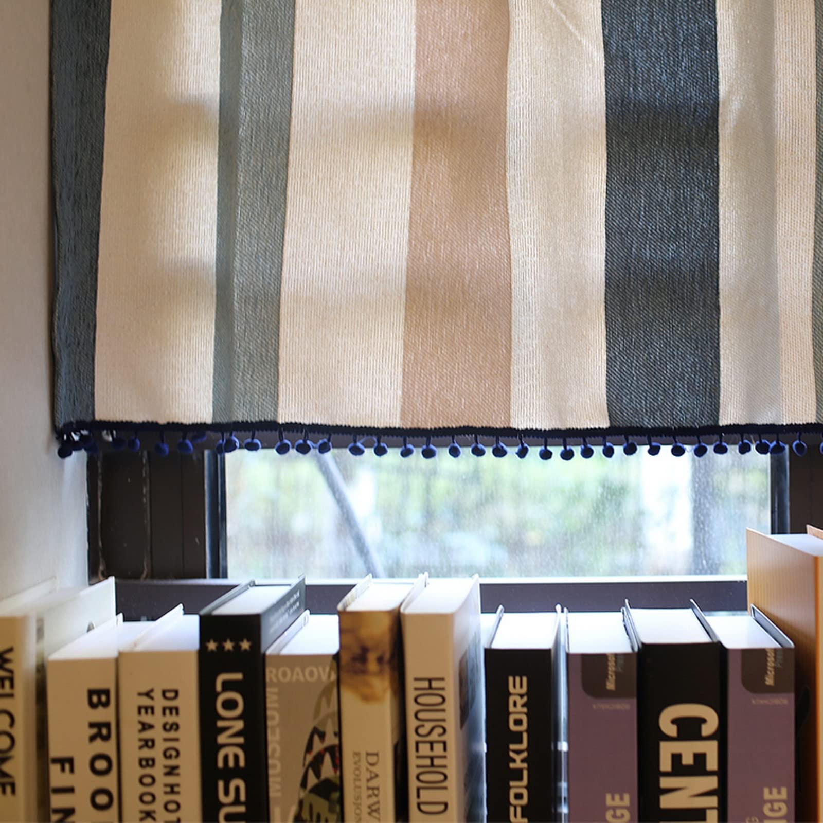 A.Monamour Corta per Finestra Piccola Strisce Beige Blu Opaco Tenda da Cucina Bistrot Caffè Mezza Mantovana a Vetro a Pannello Porta Armadio Lavandino