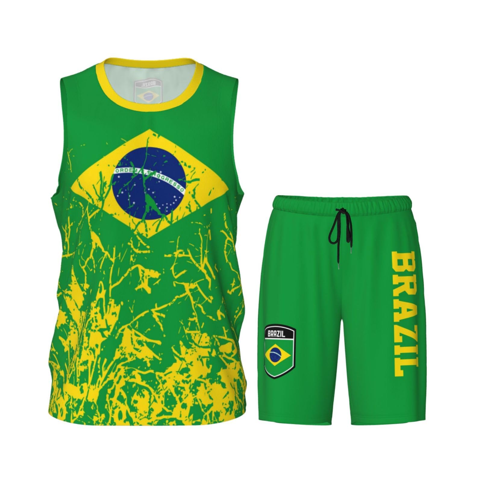Brazil Flag Grain (2) Basketball Jersey Uniform Suit for Men Adults Training Athletic Set