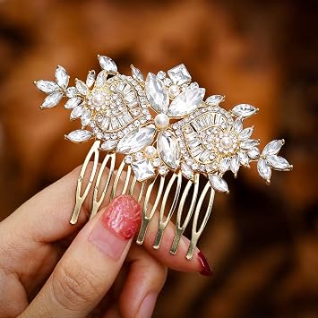 Foyte Crystal Bride Wedding Hair Comb Silver Flower Bridal Headpieces Leaf Hair Pieces Rhinestone Bridesmaid Side Combs Hair Accessories for Women gold crystal