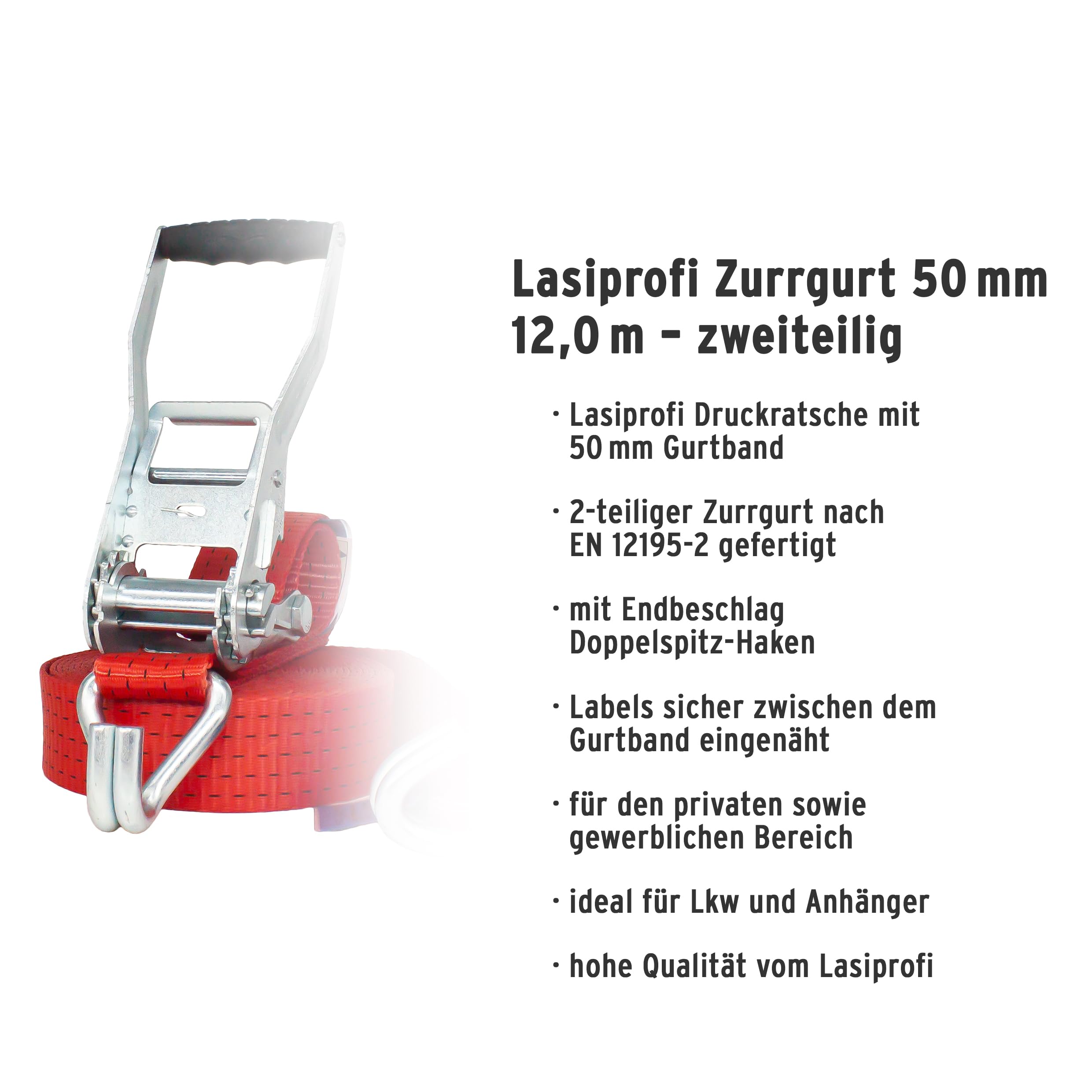 Zurrgurt 50mm | 2er Set | Zweiteiliger Gurt mit Druckratsche und Doppelspitzhaken. Hohe Zurrkraft: 2.500daN (kg) (gerader Zug), 5.000daN (kg) (Umreifung) | Länge: 12m; Farbe: rot