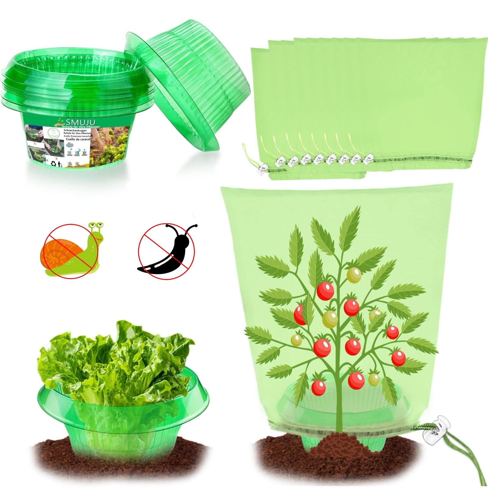 【24 Stück】12 Stück Schneckenkragen mit 12 Stück Insektenschutz-Taschen, 99% mehr Schneckenschutz, Schneckenschutzringe, zur Abwehr von Schnecken, für Ihre Salatpflanzen Tomaten Schützt, Grün