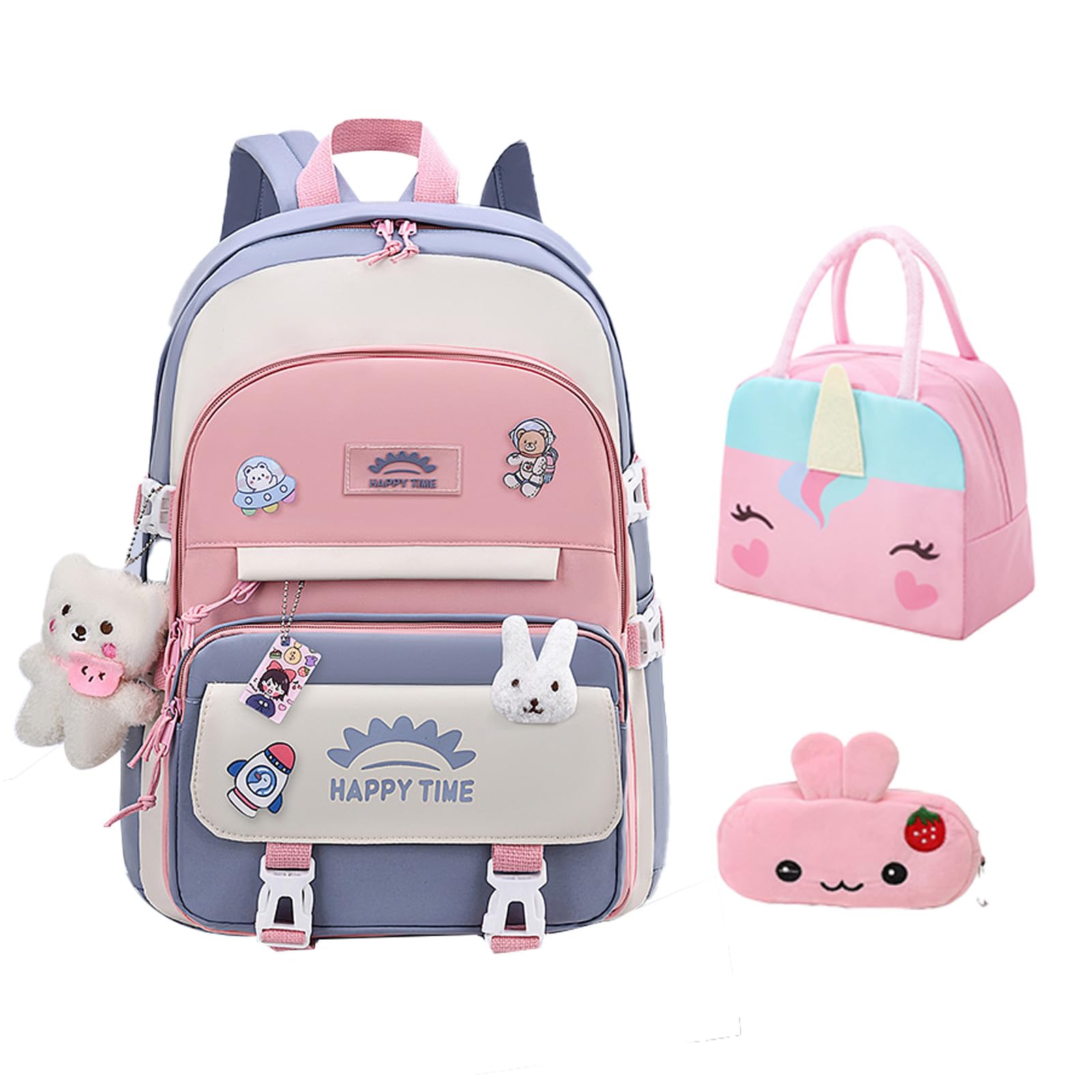 GDEMXOAN 3pcs Girls Backpack, Kawaii School Backpack For Kids Children With Lunch Bag and Pencil Case (rabbit-blue)