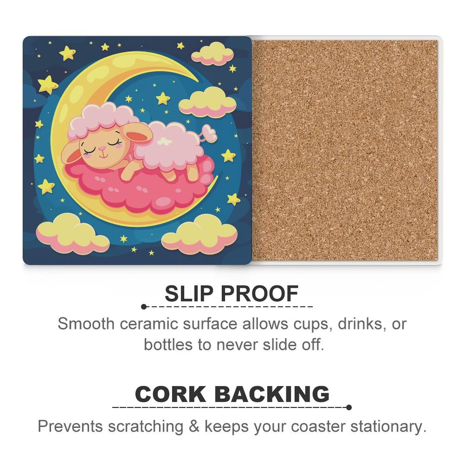 6 posavasos cuadrados de cerámica para beber, dormir en la luna, posavasos impresos para el hogar y el café, regalos de cumpleaños, adecuados para tipos de tazas