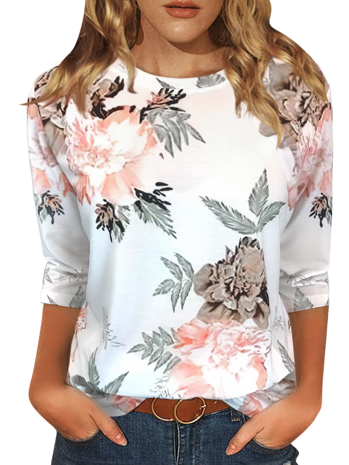 JomeDesign Womens Tops 3/4 Sleeve Shirts Round Neck Loose Casual Blouses Floral Print Tshirts