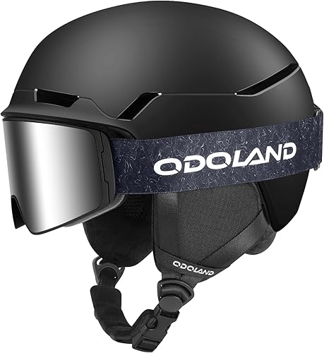 Odoland Juego de gafas de casco de esquí, gafas protectoras para casco de snowboard, sistema de ventilación de tamaño ajustable, carcasa de