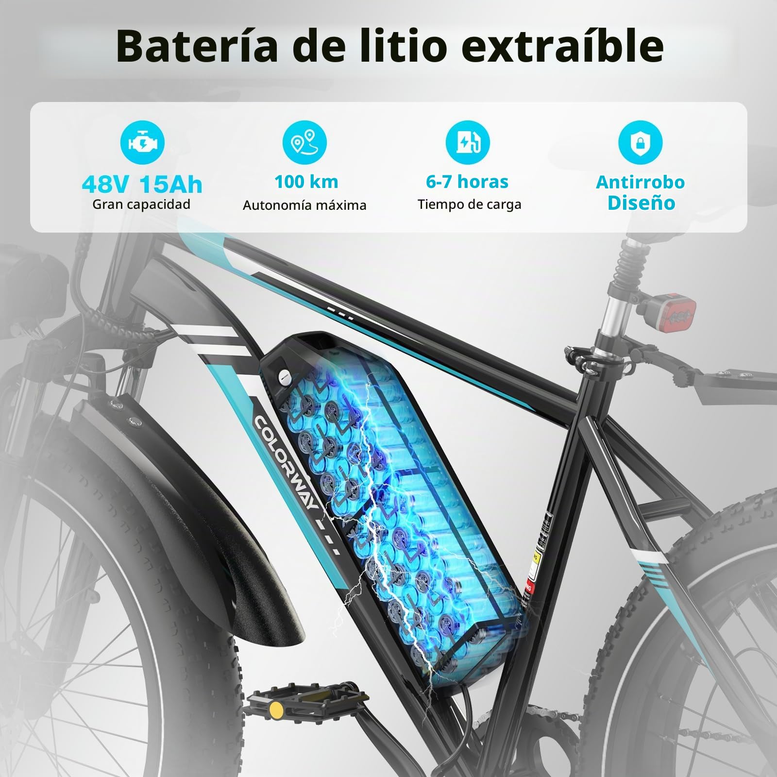 COLORWAY Bicicleta Eléctrica 26” Fat Tire 48V 15Ah 720Wh, Motor 250W, 7 Velocidades, Suspensión Delantera, Doble Freno de Disco, E-Bike para Montaña y Ciudad