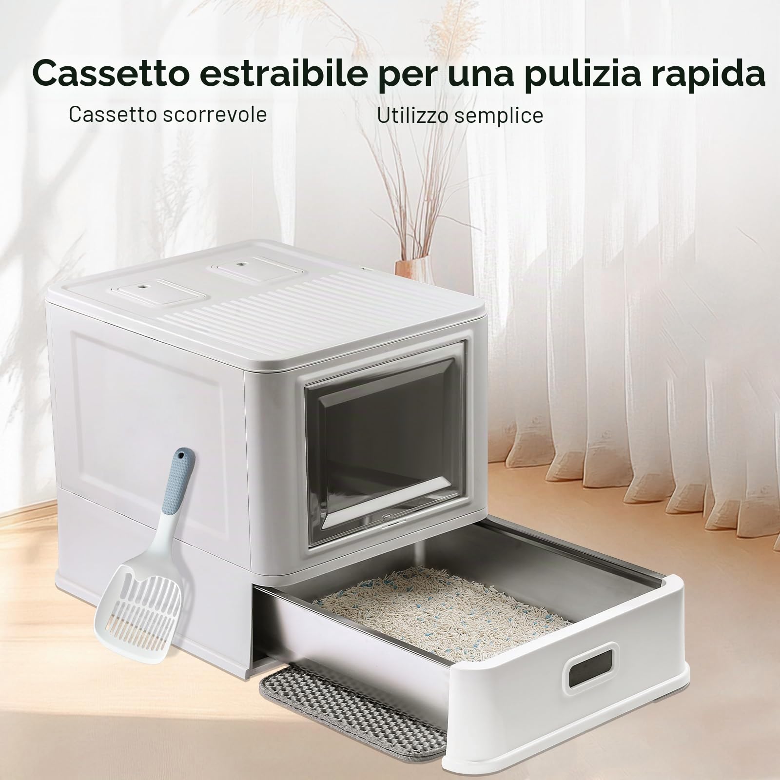 Marchul XL Lettiera per gatti grande, in acciaio inox, con coperchio e cassetto, pareti laterali alte con deflettori antispruzzo, vassoio più profondo con paletta e tappetino, inodore