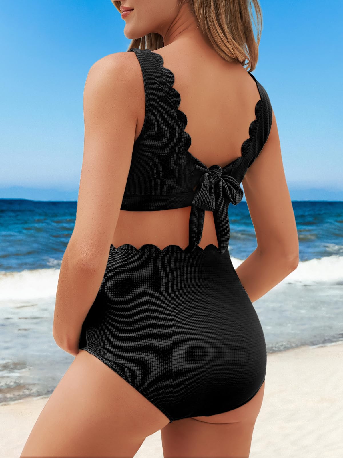 Summer Mae Traje de baño festoneado de maternidad para mujer, traje de baño de cintura alta, bikini de dos piezas con nudo de corbata