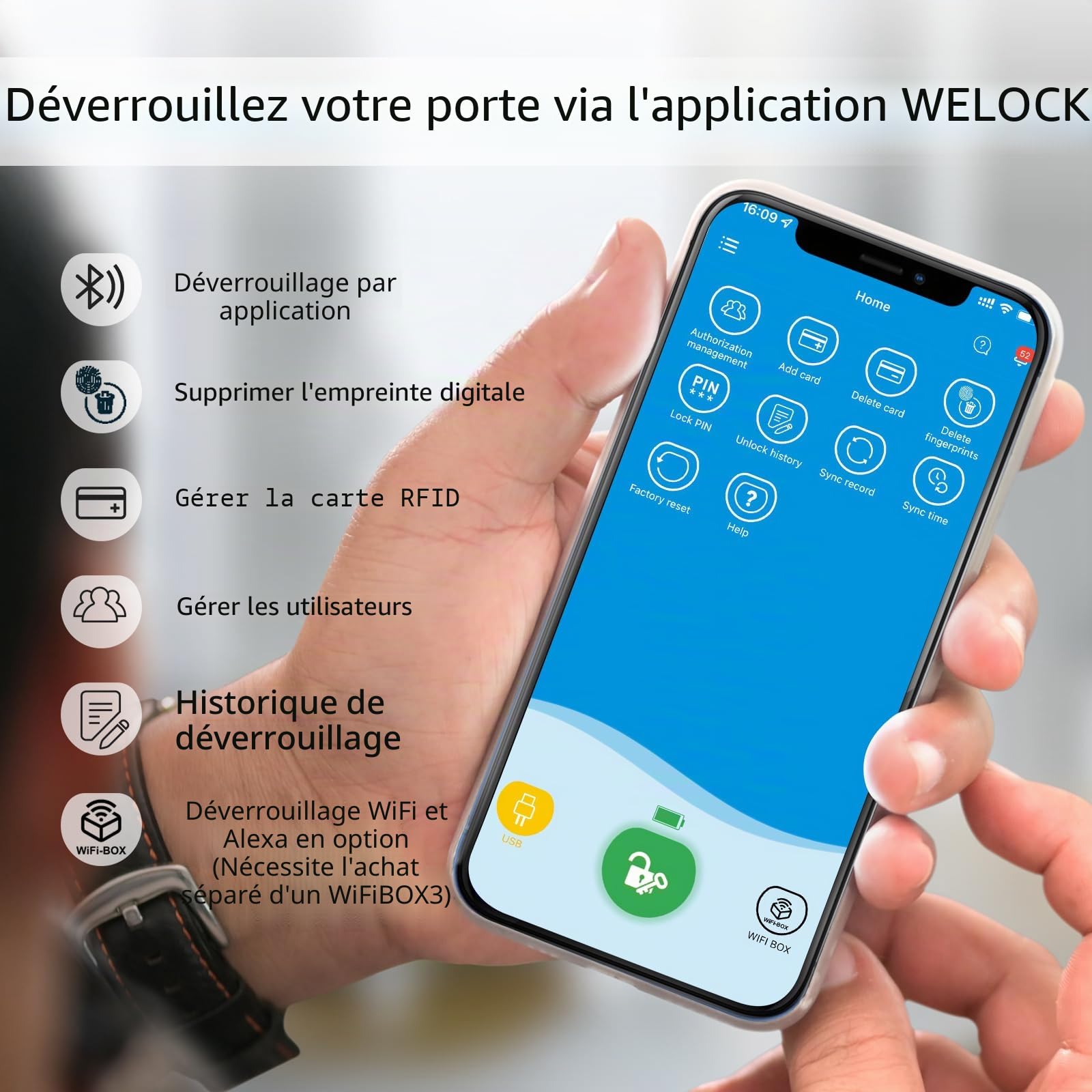 RUILON SECBN51 Serrure Empreinte Digitale avec 3 Cartes RFID 1 WIFIBOX | 30x30 Serrure connectée biometrique, IP65, Commande à distance, Intelligente, Portes 30-70 mm, Chambre Maison Bureau