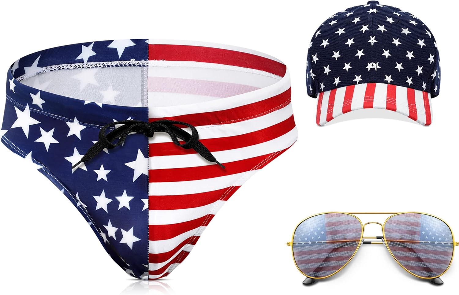 Yahenda Men's American Flag Patriotic Swimwear USA Bikini Swimsuits Beach Hat Sunglasses for 4th of July Independence Day