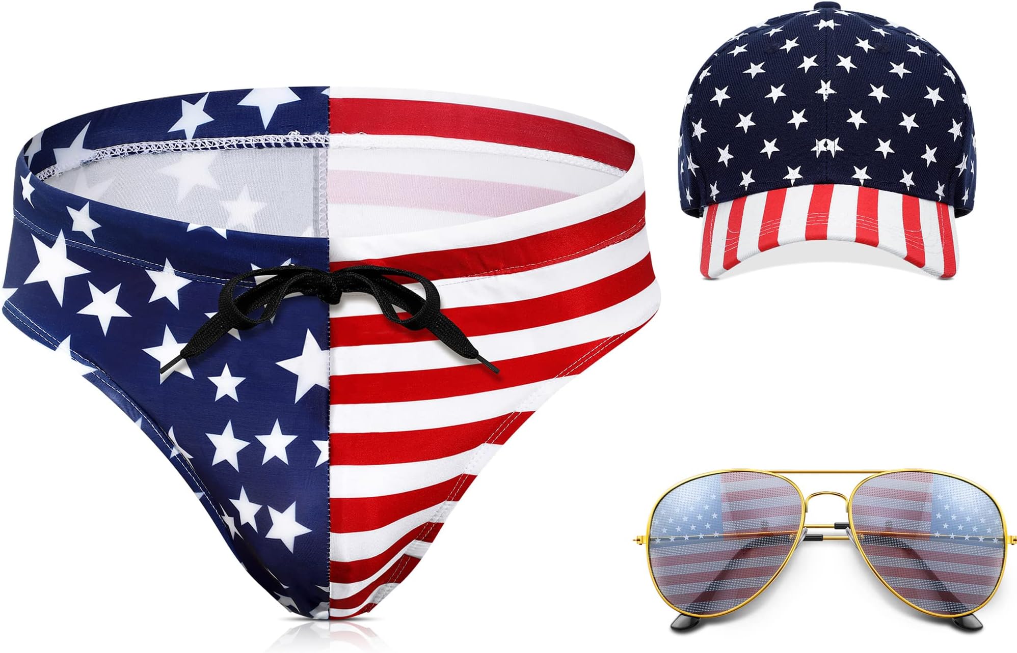 Men's American Flag Patriotic Swimwear USA Bikini Swimsuits Beach Hat Sunglasses for 4th of July Independence Day