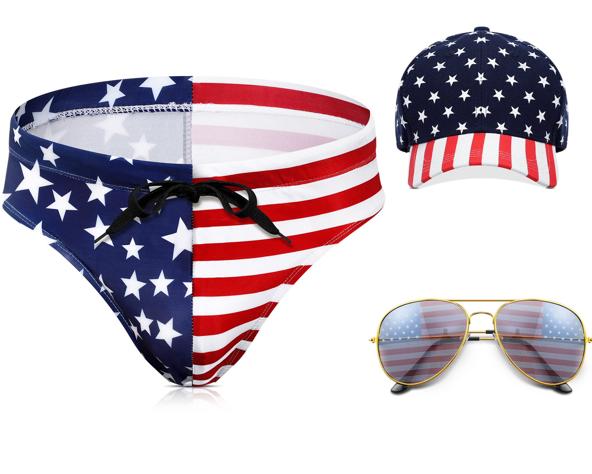 Yahenda Men's American Flag Patriotic Swimwear USA Bikini Swimsuits Beach Hat Sunglasses for 4th of July Independence Day