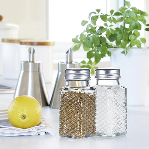 Miniatura 5 de Juego de 2 saleros y pimenteros de cristal, mezcladores de especias vintage para mesa de comedor, cocina, restaurante (patrón de cuadrícula)