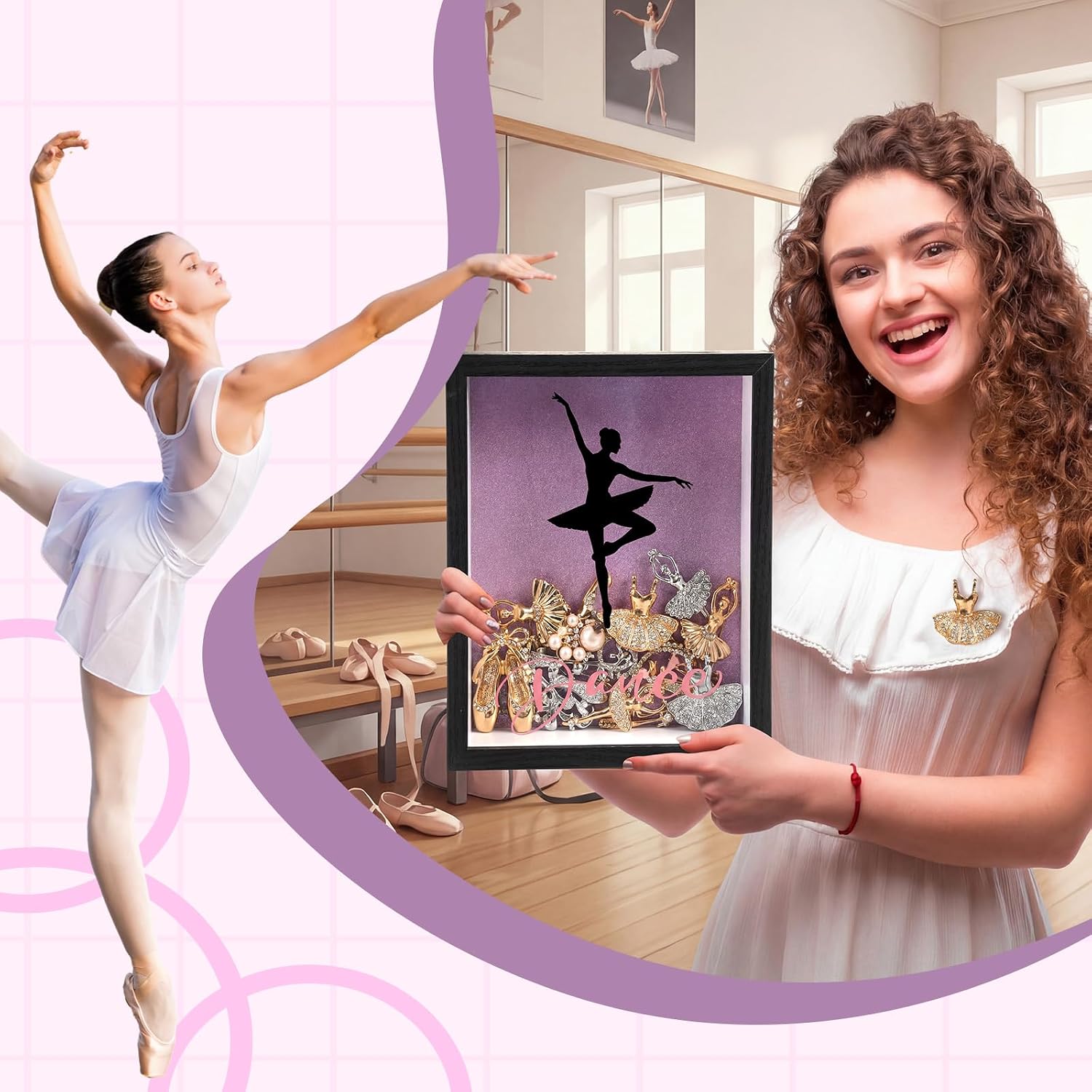 Qunclay 7"x9" Dance Pin Shadow Box Frame Custom Wooden Desktop Display Dancing Pose Name Competition Pin Shadow Box Display Case for Ballet International Dance Day Gift Recital Decor(Pirouette)