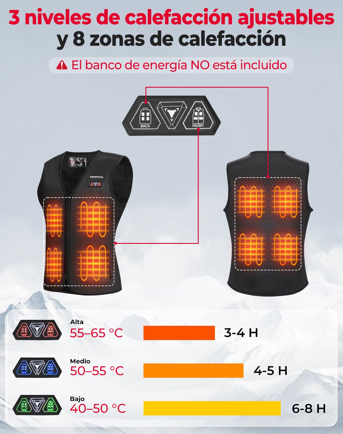 KEMIMOTO Chaleco Calefactable Mujer, Chaleco Térmico Corte Elegante y Ajustado con 8 Zonas de Calentamiento, Chaleco Cálido para Campar, Esquí, Pesca, Actividades al Aire Libre (No incluye Batería)