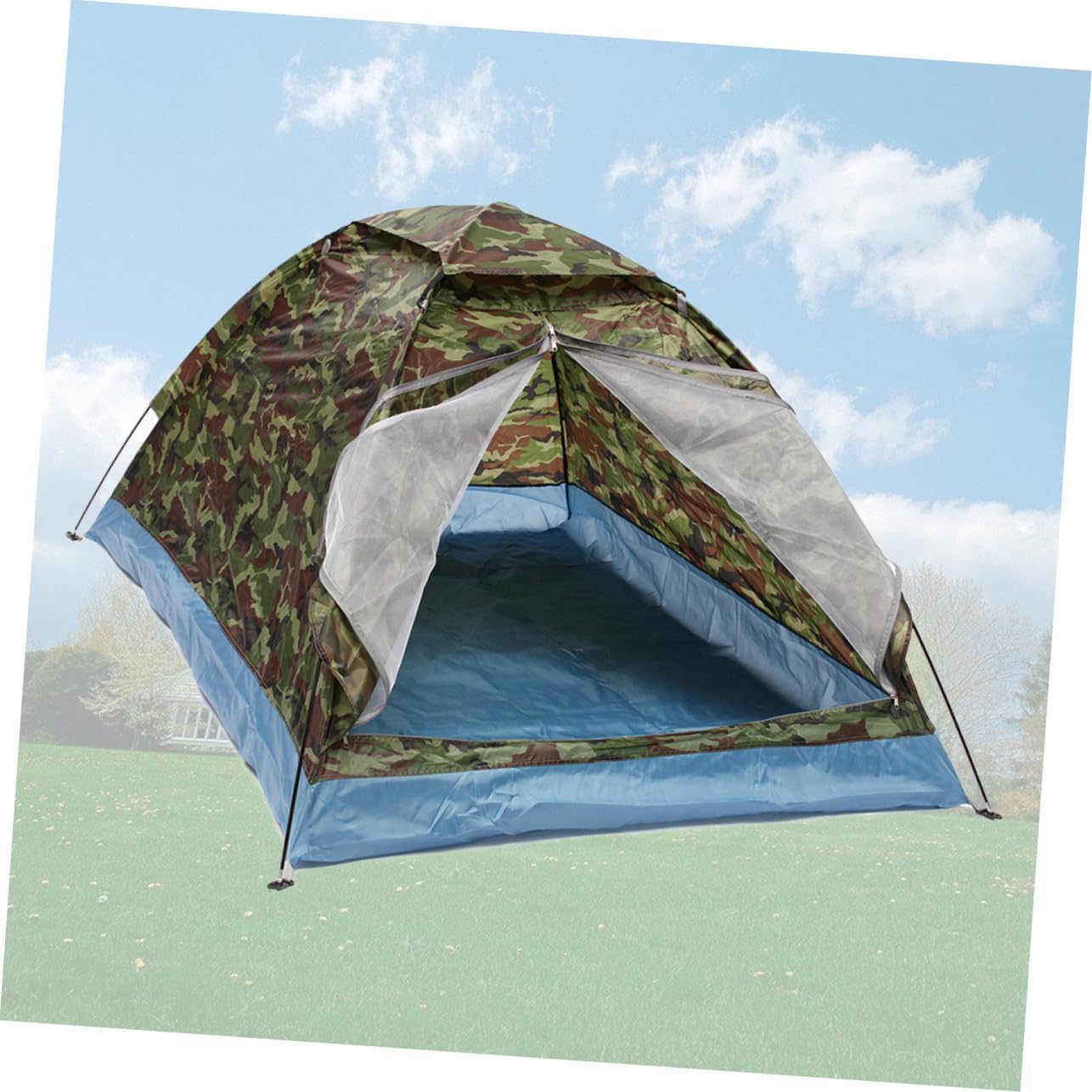 Camouflage Double Person Outdoor Camping Tent Single Layer with Mesh Door Ultra-Light Portable Beach Shelter for Hiking Picnic Fishing