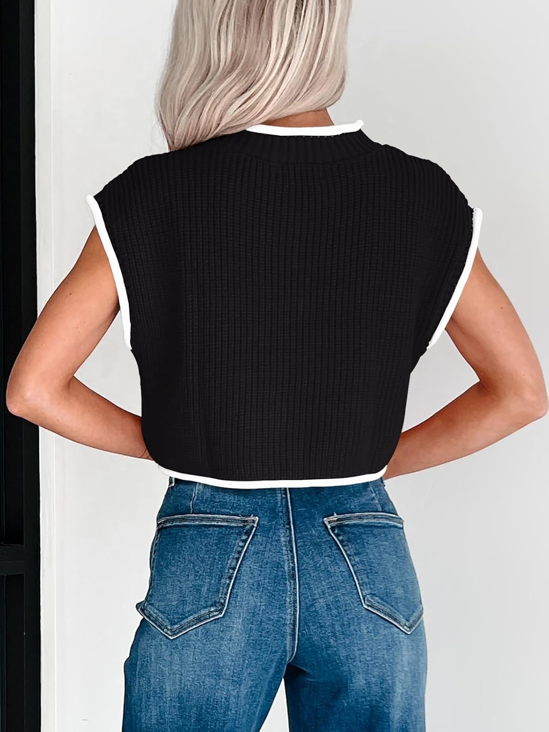 Womens Cap Sleeve Crop Tops Summer High Neck Contrast Color Sweater Vest Ribbed Knit Sleeveless Tank Top - Image 4