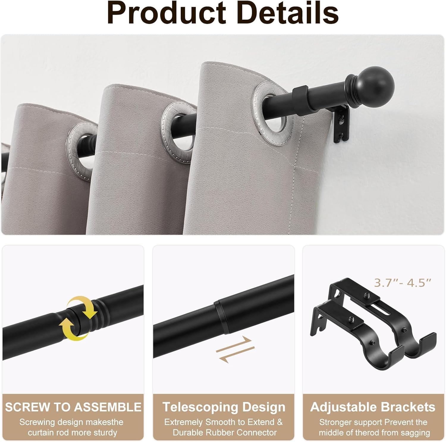 Curtain Rods for Windows 16 to 48 Inch (1.3-4 Feet), 2 Pack, 1 Inch Diameter Adjustable Curtain Rod with Ball Finials, Heavy Duty Metal Drapery Rod Holds up to 30 lbs for Kitchen Bedroom WAZLEX, Black