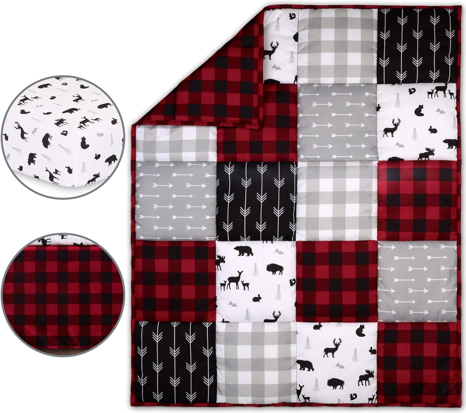 The Peanutshell Buffalo Plaid Crib Bedding Set for Boys or Girls | Woodland Theme in Red, Black, and Grey | 3 Pieces - Crib Quilt, Fitted Sheet, Crib Skirt : Baby