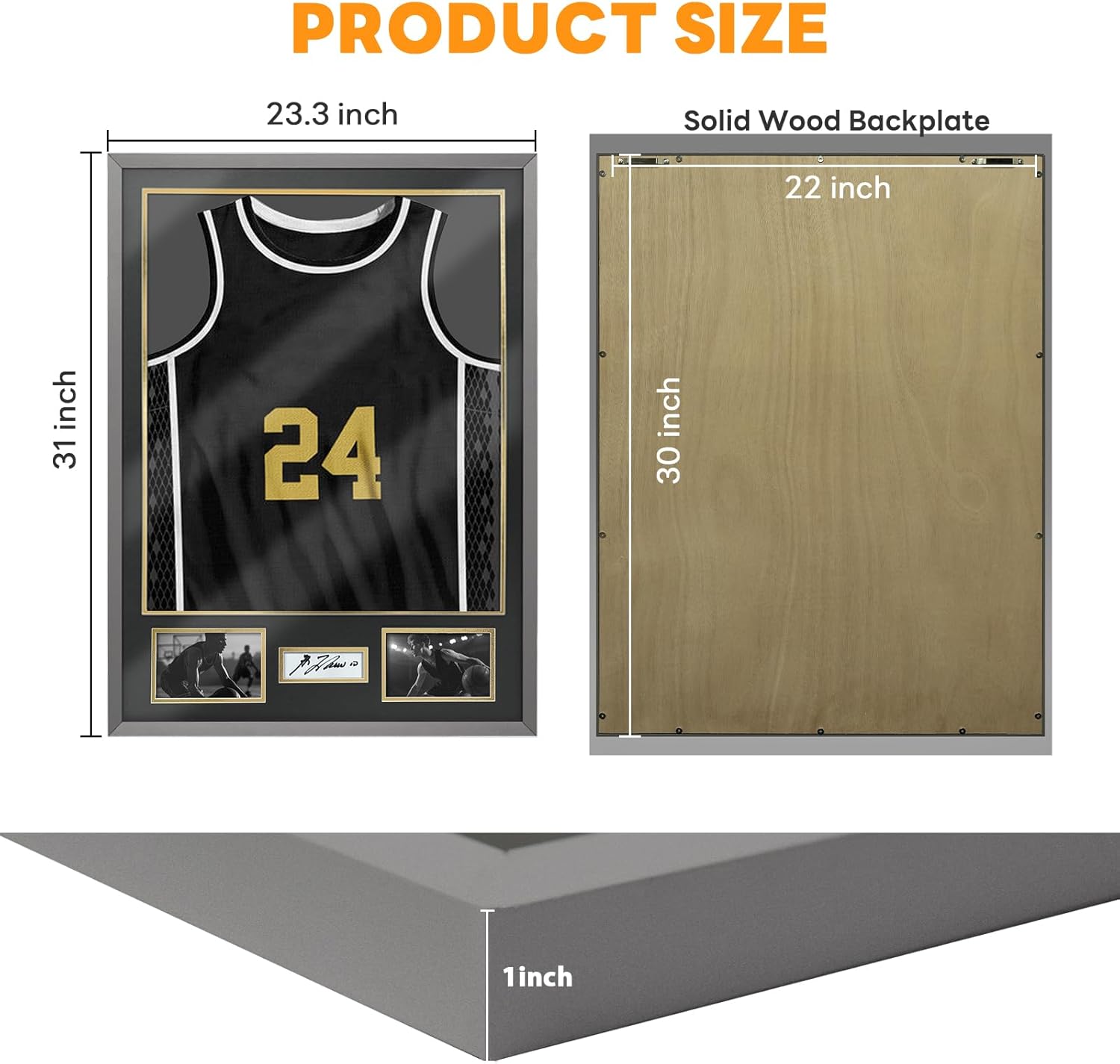 ASmileIndeep Jersey Frame Display Case, Solid Wood Large Sports Shirt Shadow Box with 98% UV Protection Acrylic, Jersey Frame for Football Baseball Basketball Hockey Jersey and Uniform, Grey