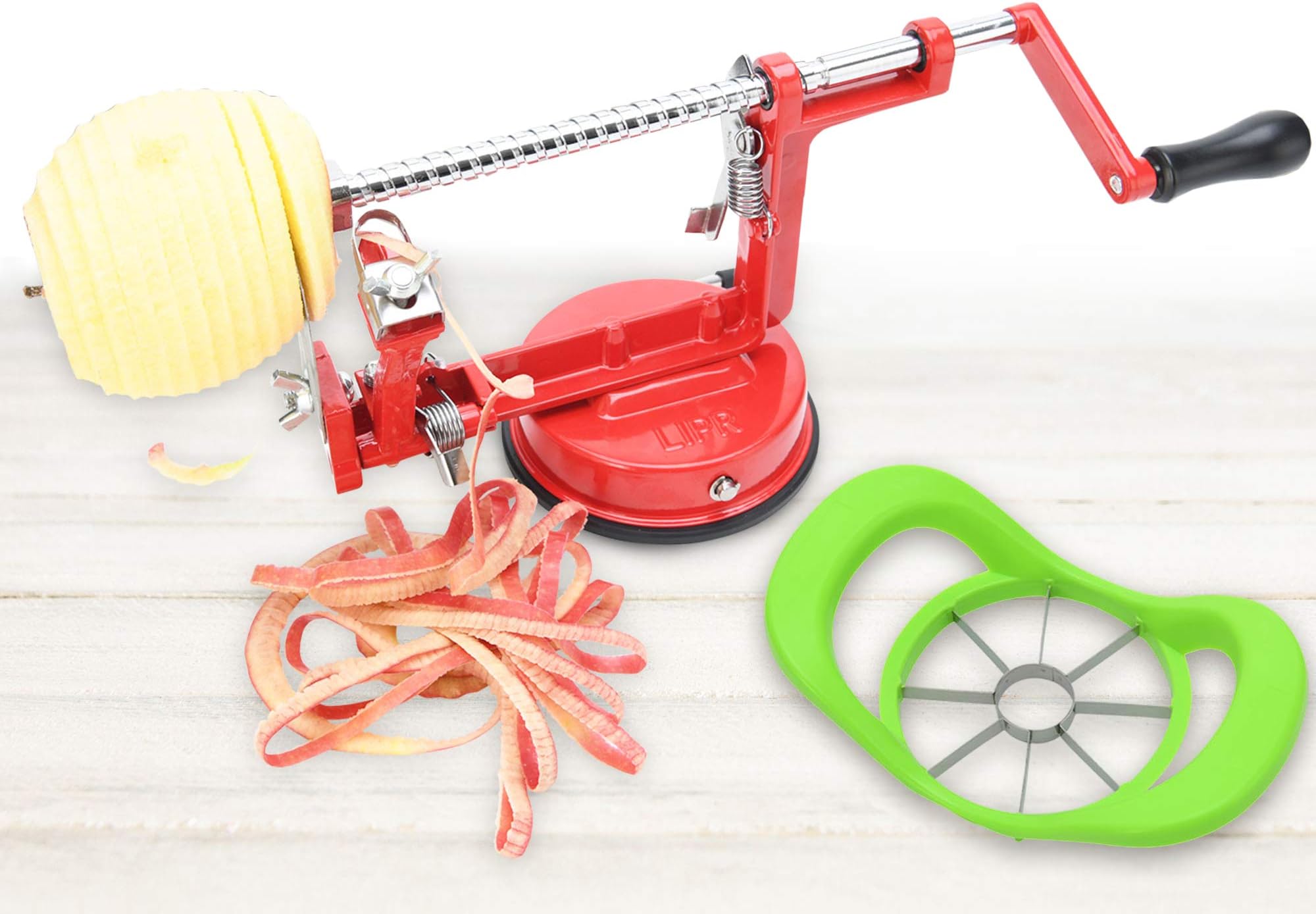 Apple Potato Peeler Slicer Corer - High Duty Cast Iron with Powerful Suction Base Clamp and Rotating Stainless Steel Spiralizer - Apple Cutter Included by LIPR