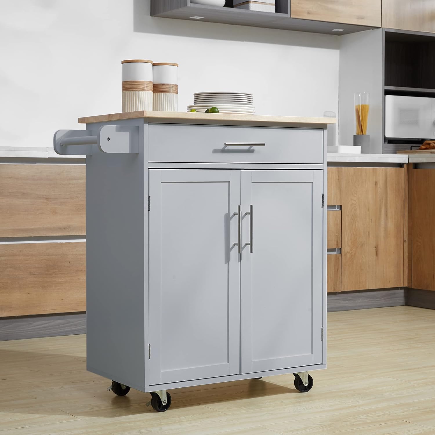 32" Small Kitchen Island Cart on Wheels with Drawer, Cabinet & Towel Rack, Space-Saving Mobile Kitchen Trolley for Small Spaces, Apartments, Narrow Kitchens, Easy Assembly, Grey