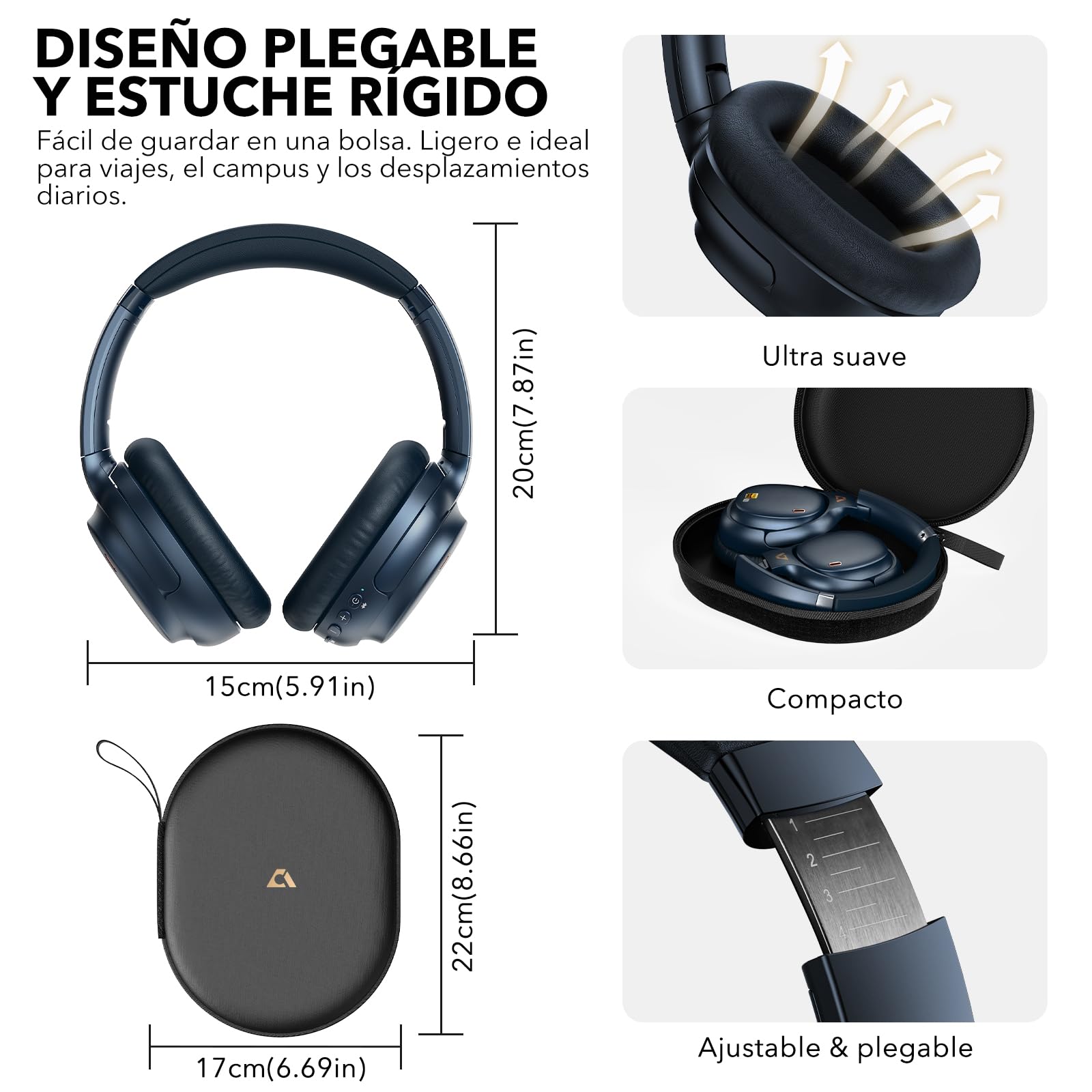1Mii E700 Cascos Cancelación Ruido Inalámbricos Bluetooth Diadema, Azul | ANC Híbrida para Viajes/Avión, Hi-Res LDAC con Graves Potentes, Cómodos para Oficina/Estudio, aptX Low Latency para TV