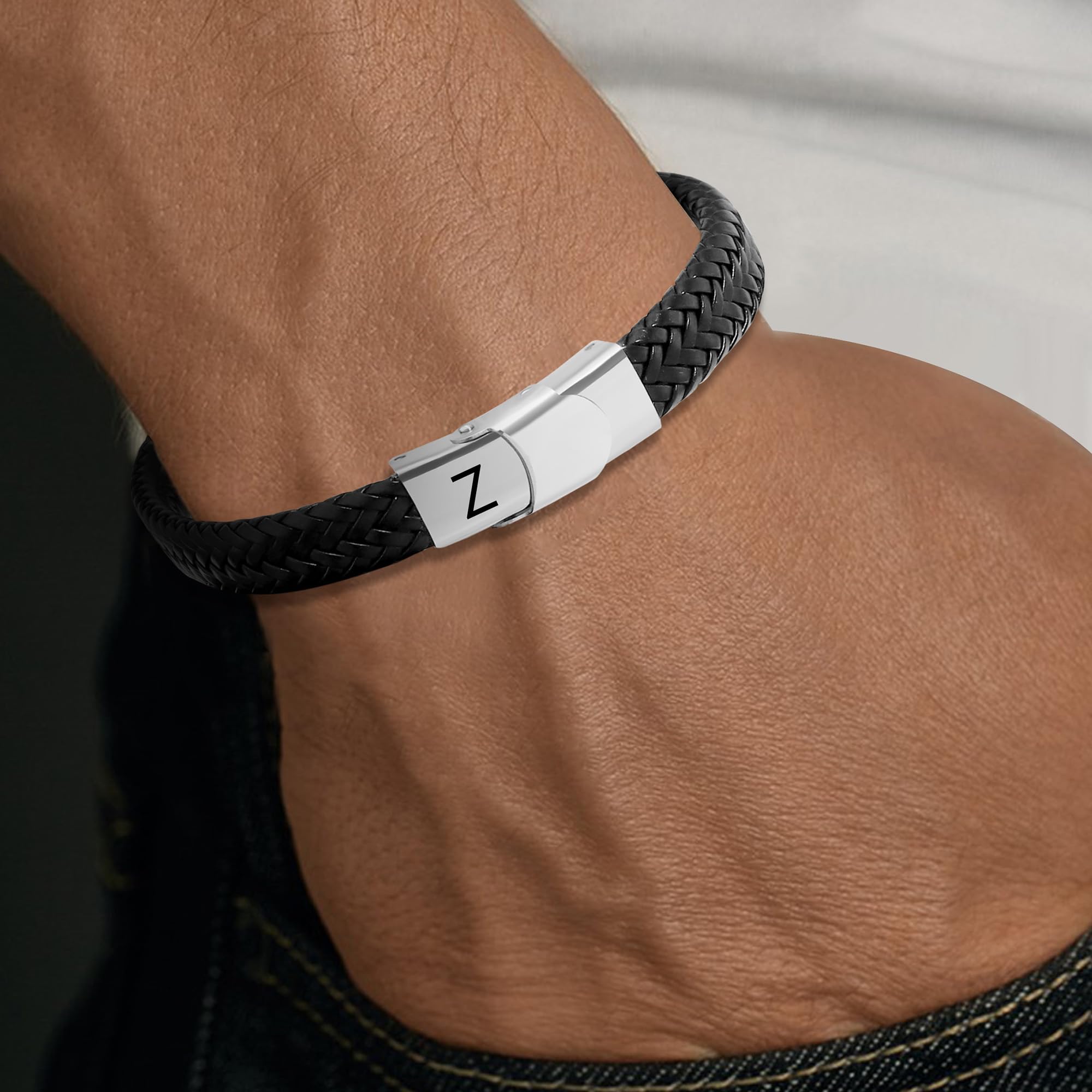 SAMINO Cuoio Nero 26 Bracciale Iniziale Per Il Mio Uomo Acciaio Inossidabile A-Z Lettera Charm Bracciale Intrecciato Per I Regali A Lui