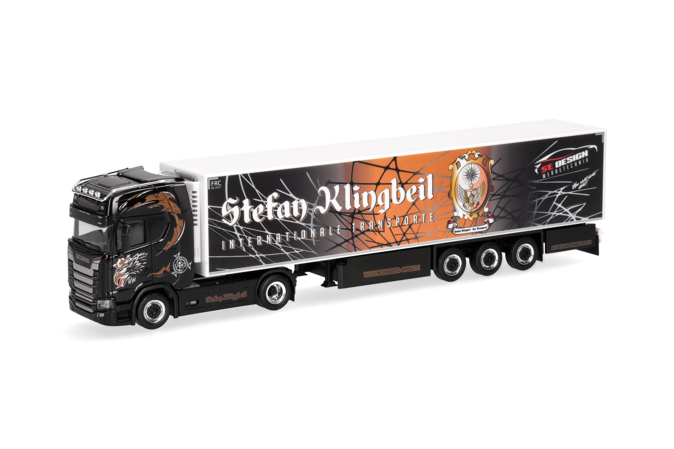 Herpa Model ciężarówki Scania CS 20 HD chłodnia z naczepą „Stefan Klingbeil Transporte”, miniatura w skali 1:87, model kolekcjonerski, wyprodukowany w Niemczech, wykonany z tworzywa sztucznego