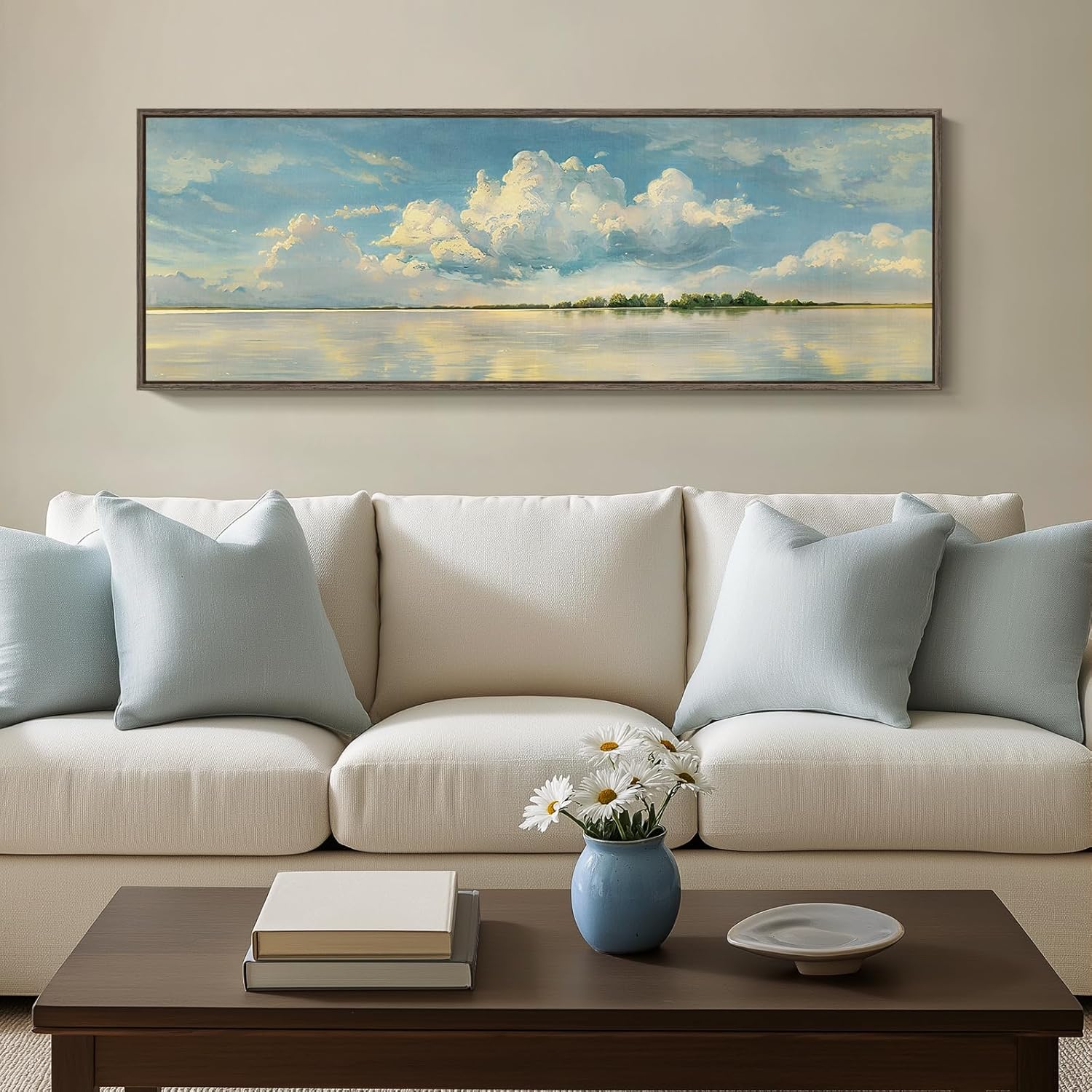 framed blue landscape canvas wall art, sky cloud artwork for walls, horizontal nature scenery painting prints for living room, bedroom, home office wall decor 16x48 inch 48"l x 16"w mirror of the sky