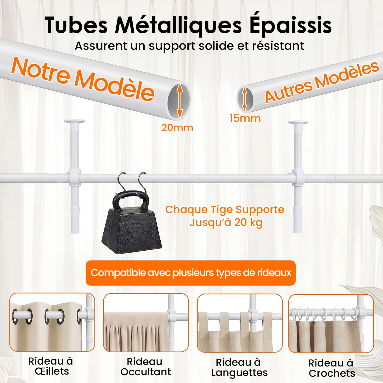 COSTWAY Tringle à Rideaux Verticale Sans Percage Extensible, Réglable Hauteur 120-314 cm x Largeur 73-360 cm, Séparateur de Pièce, Tringle Rideau Brise-vue pour Chambre, Bureau, Salon, Blanc